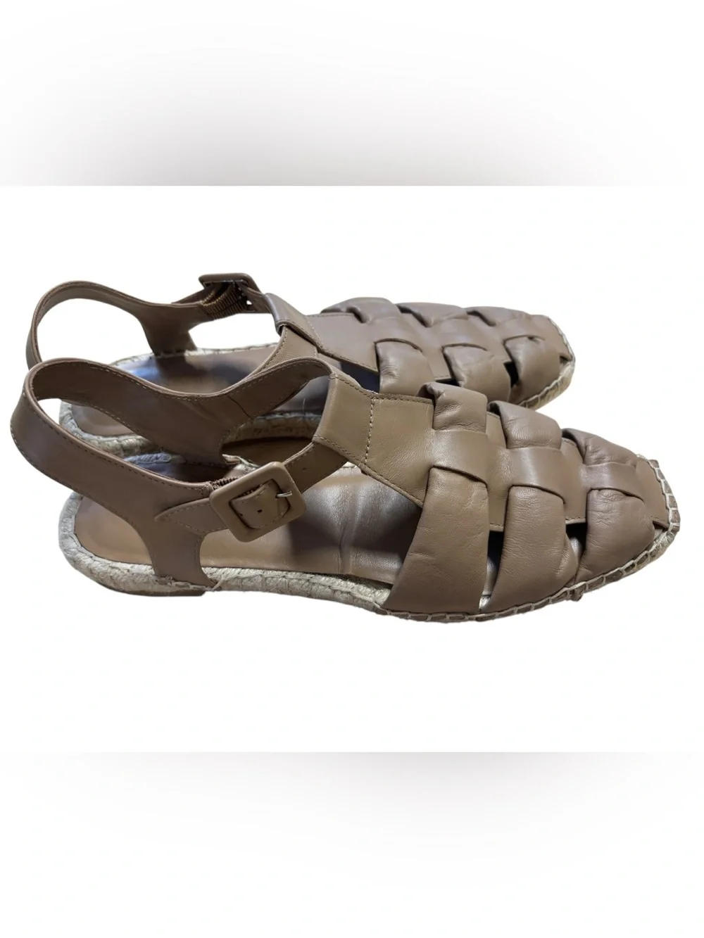 Bernardo Monri Beige Leather Espadrille Sandals Square Toe Buckle Strap Size 9